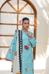 ZZ-UN-26014 Aqua Floral Elegance Unstitched 3-Piece Printed Lawn