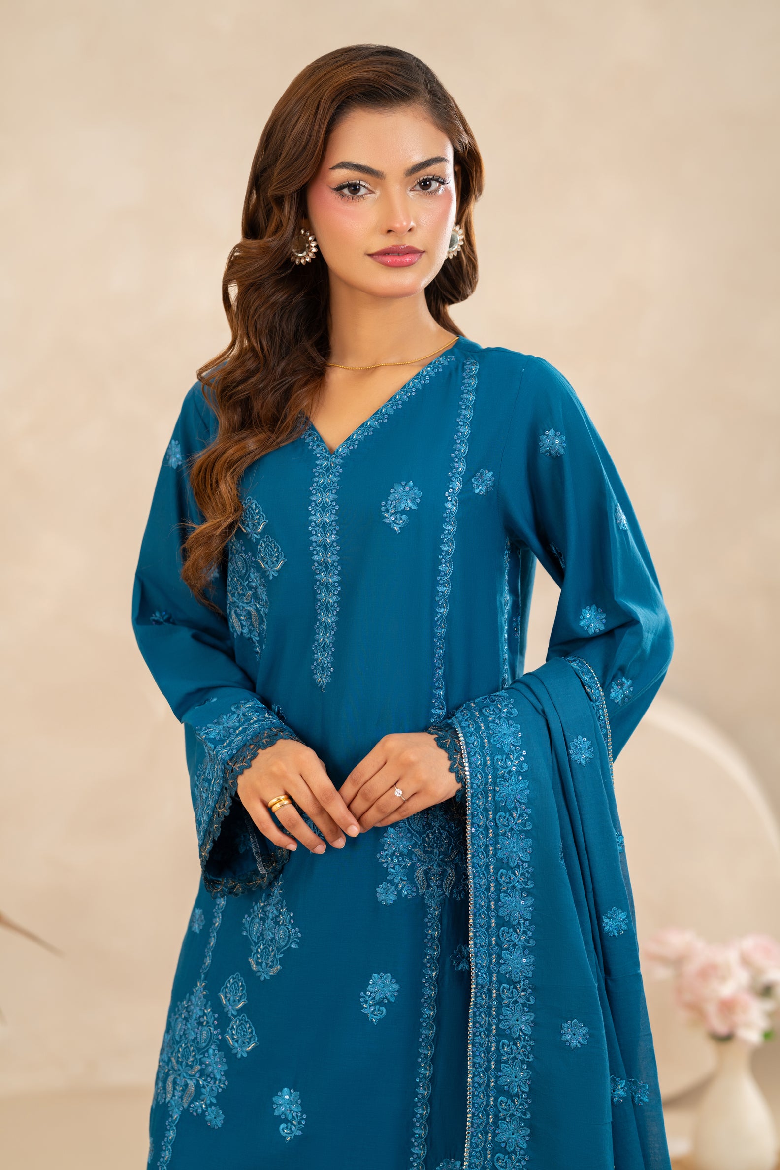 Embroidered Lawn 3-Piece  – Teal Blue ZZ-EMB-26042