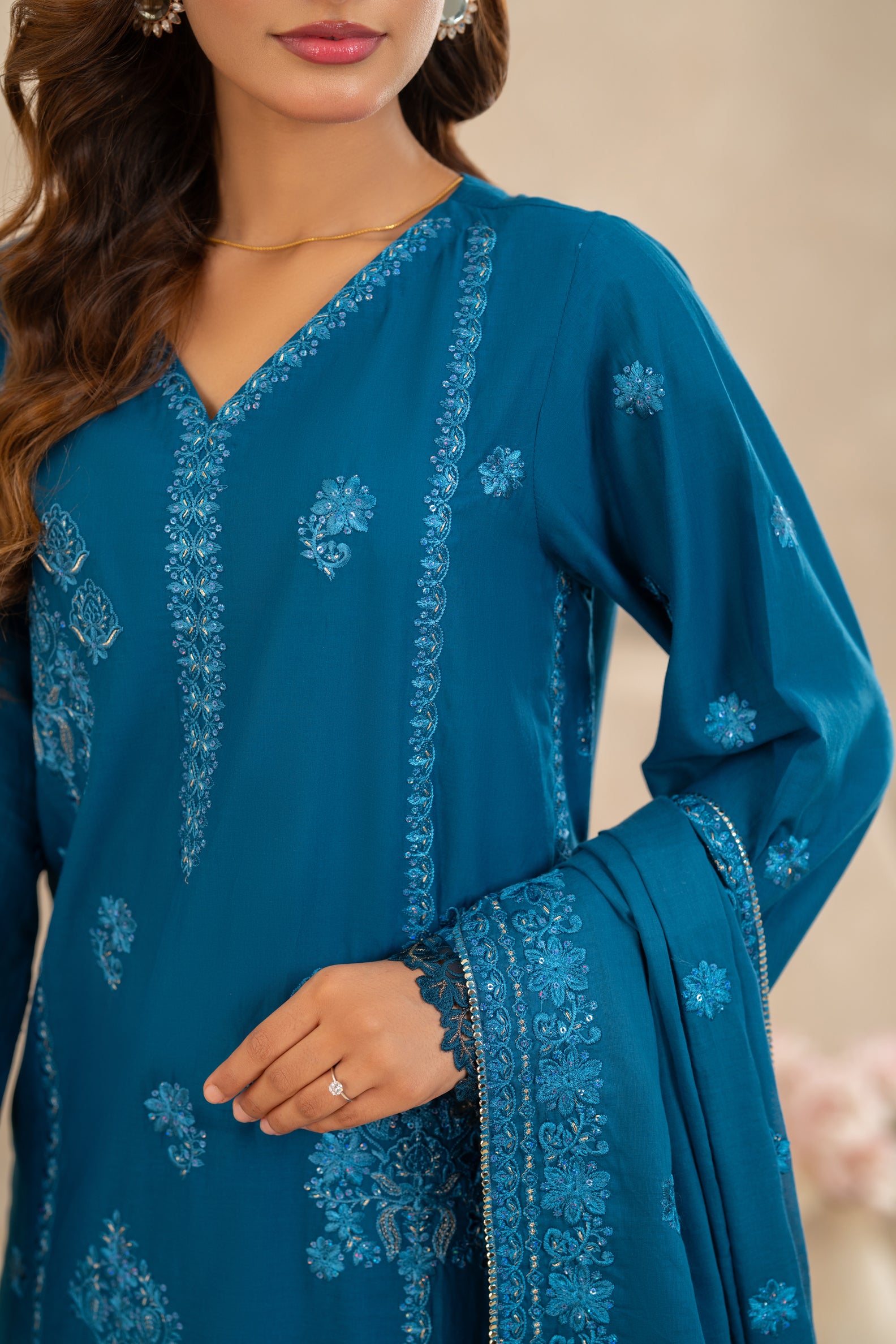 Embroidered Lawn 3-Piece  – Teal Blue ZZ-EMB-26042