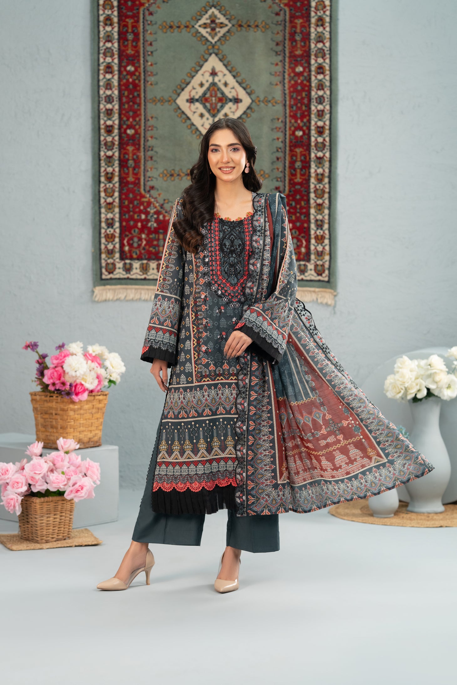 Charcoal Heritage Print + Embroidery Unstitched 3-Piece ZZ-DK-26044