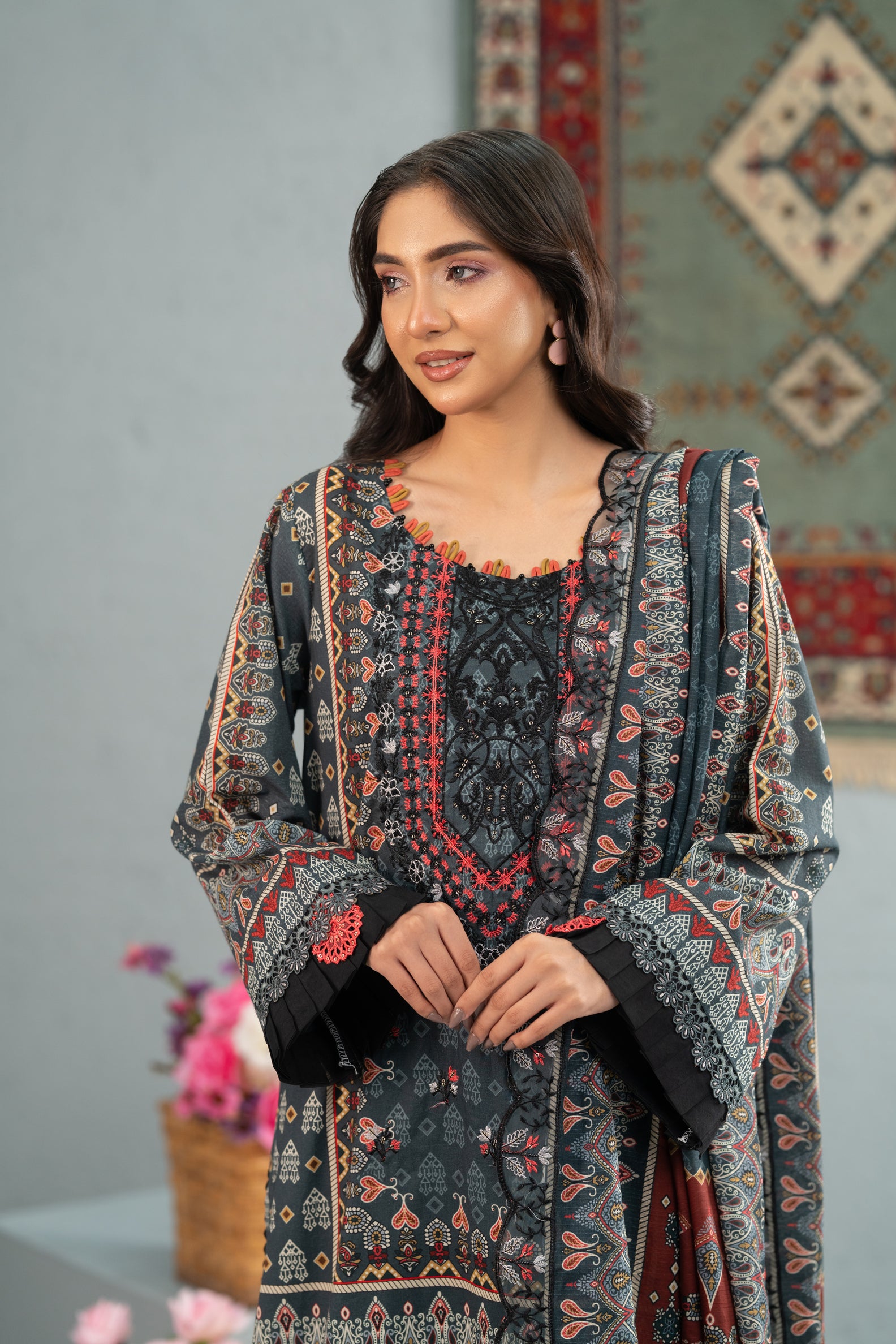 Charcoal Heritage Print + Embroidery Unstitched 3-Piece ZZ-DK-26044