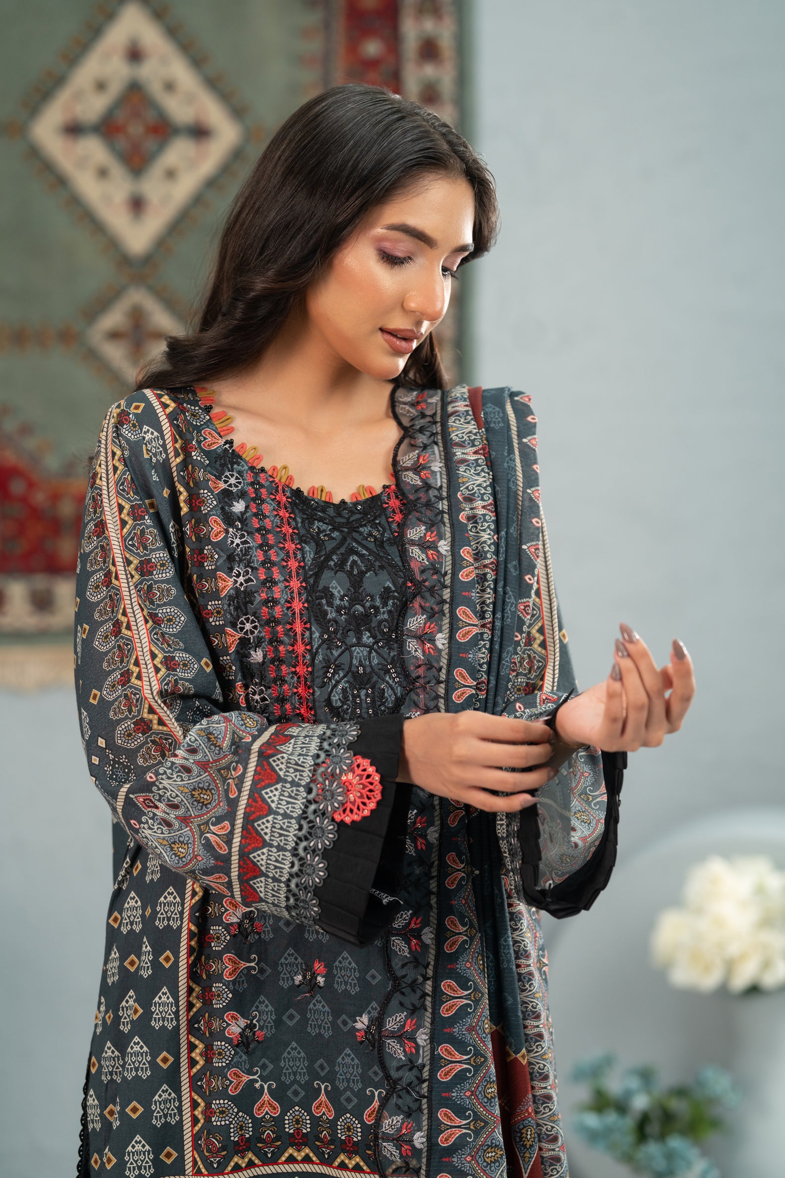 Charcoal Heritage Print + Embroidery Unstitched 3-Piece ZZ-DK-26044