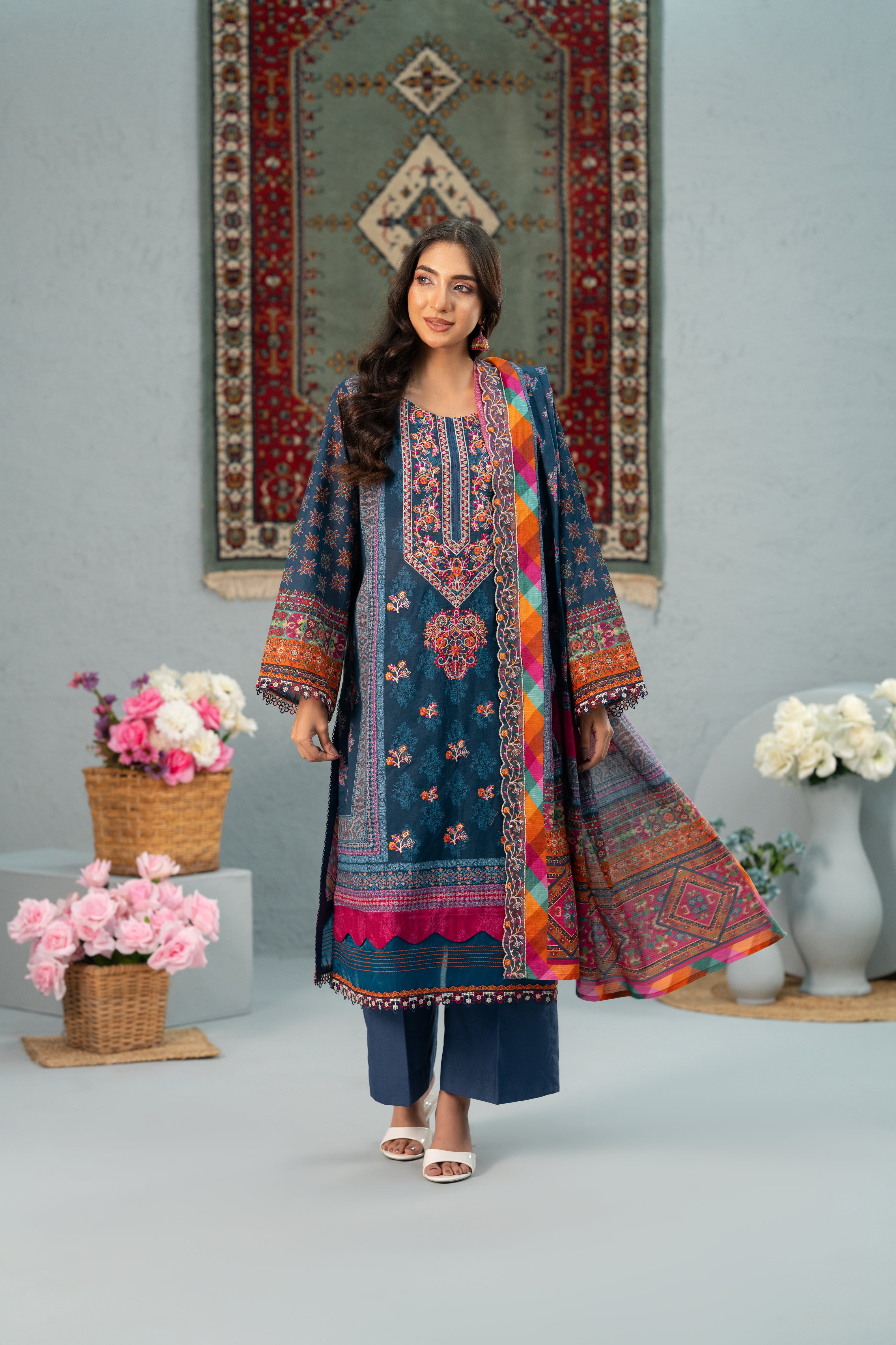 Midnight mosaic Print + Embroidery Unstitched 3-Piece ZZ-DK-26048