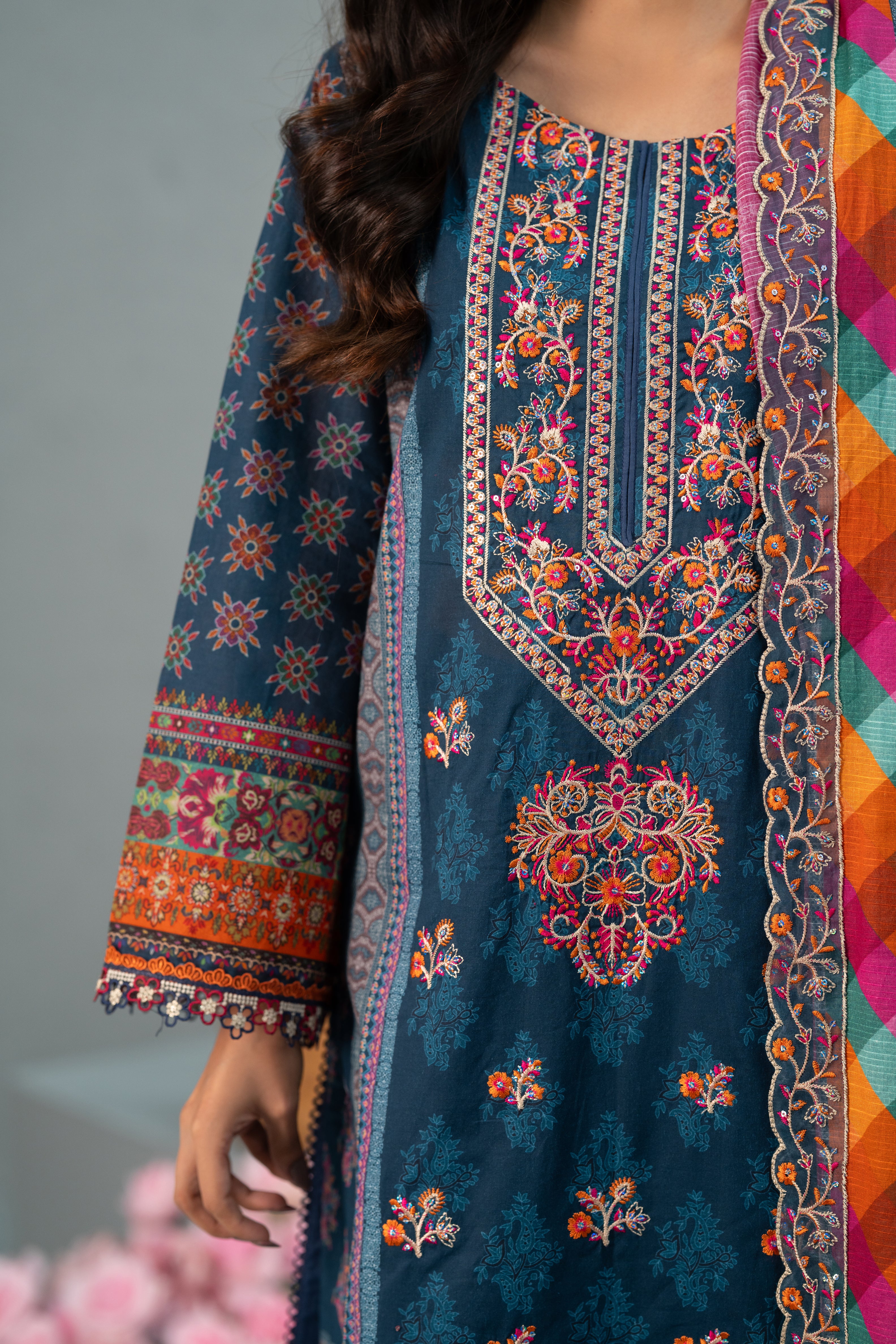 Midnight mosaic Print + Embroidery Unstitched 3-Piece ZZ-DK-26048