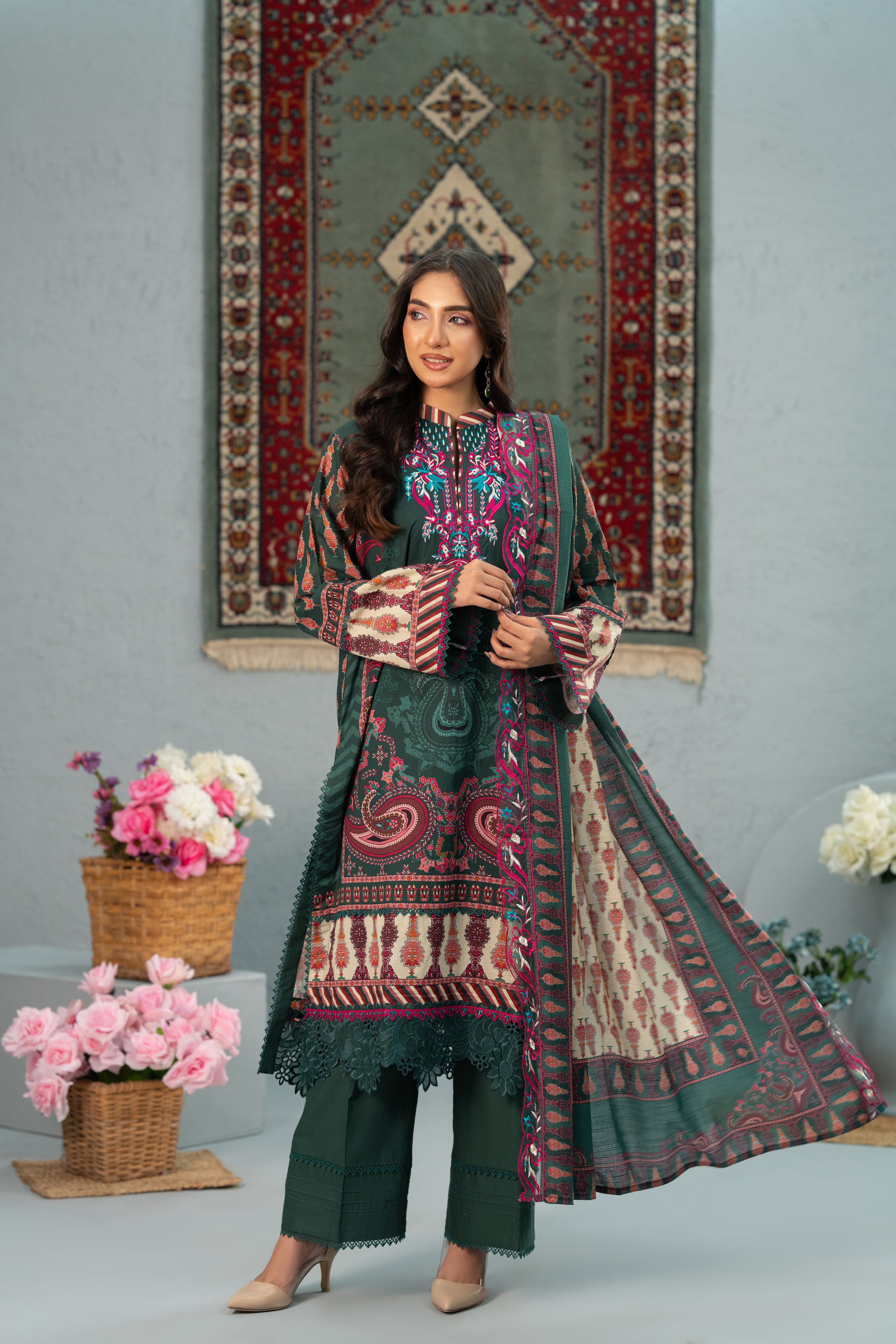 Emerald Paisley  Print + Embroidery Unstitched 3-Piece ZZ-DK-26049