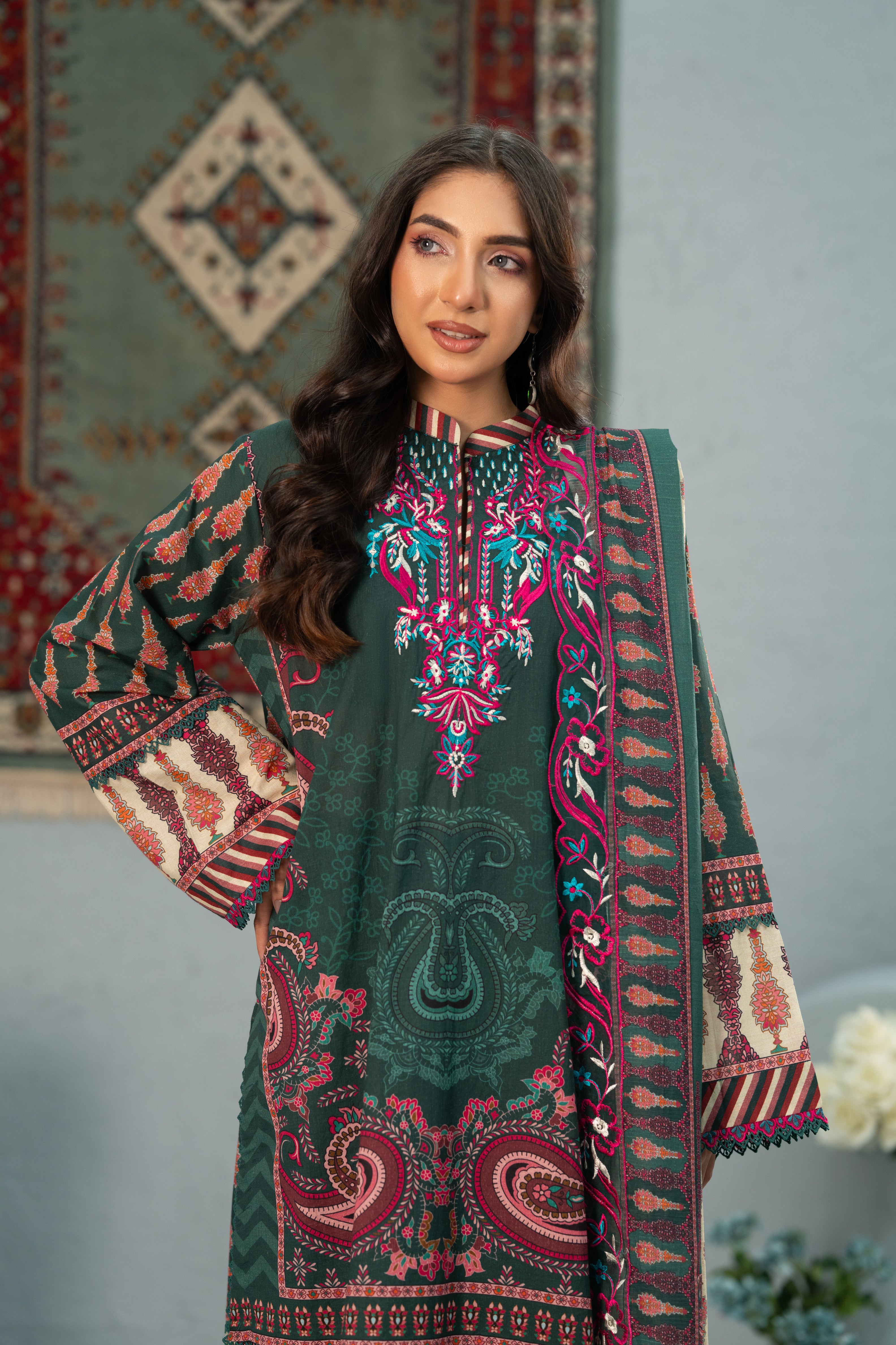 Emerald Paisley  Print + Embroidery Unstitched 3-Piece ZZ-DK-26049