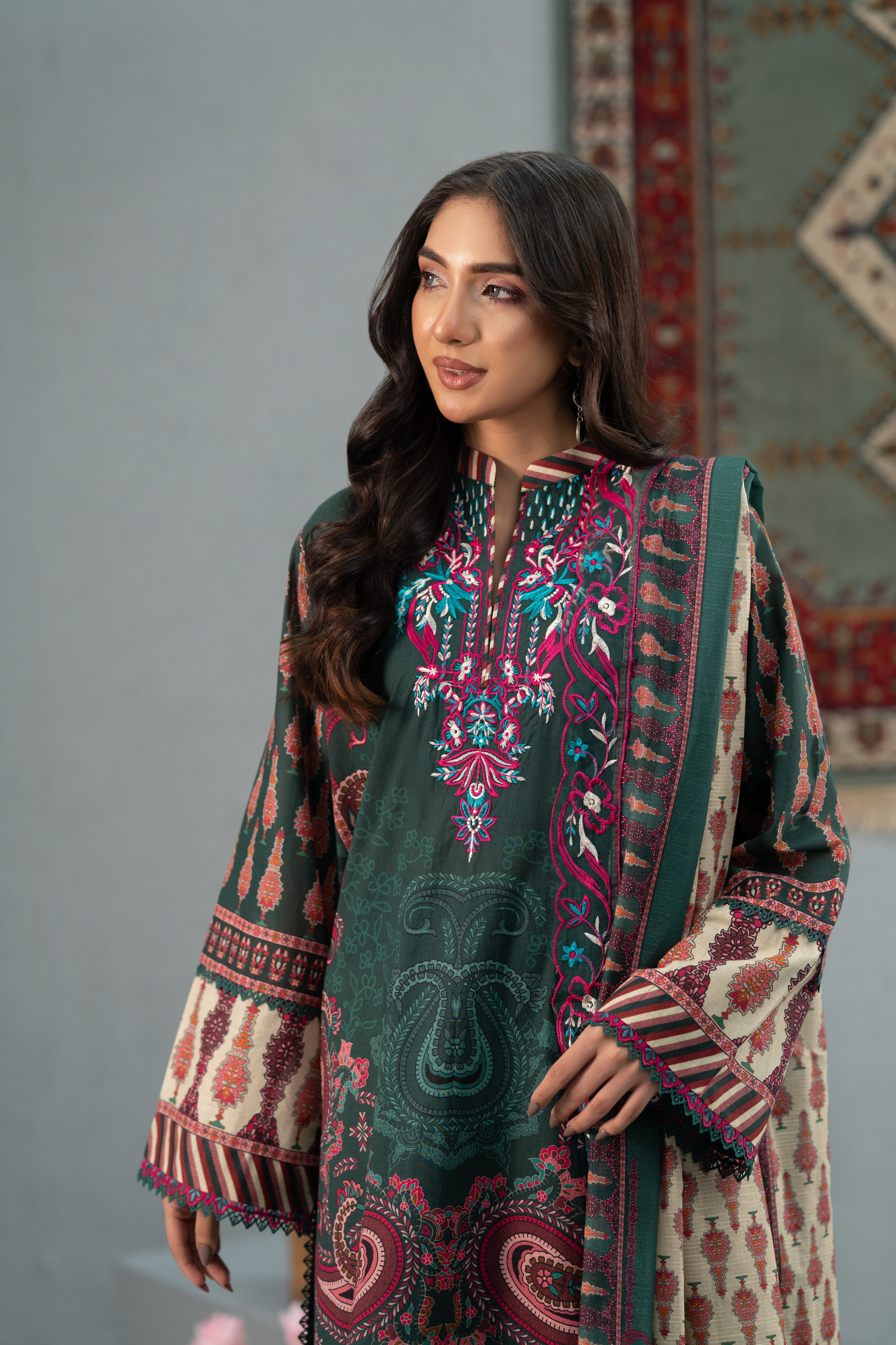 Emerald Paisley  Print + Embroidery Unstitched 3-Piece ZZ-DK-26049