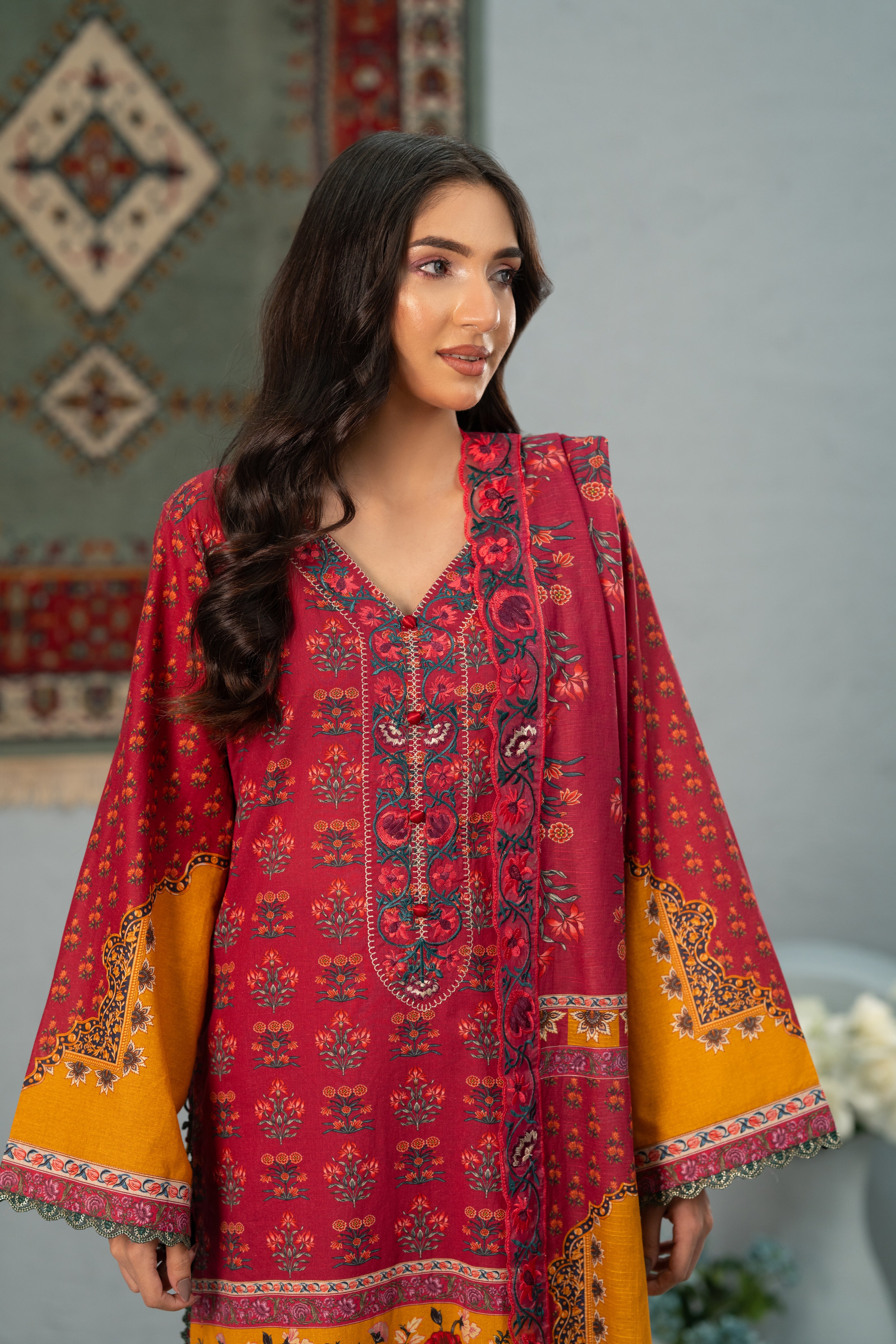 Crimson Bloom Print + Embroidery Unstitched 3-Piece ZZ-DK-26051