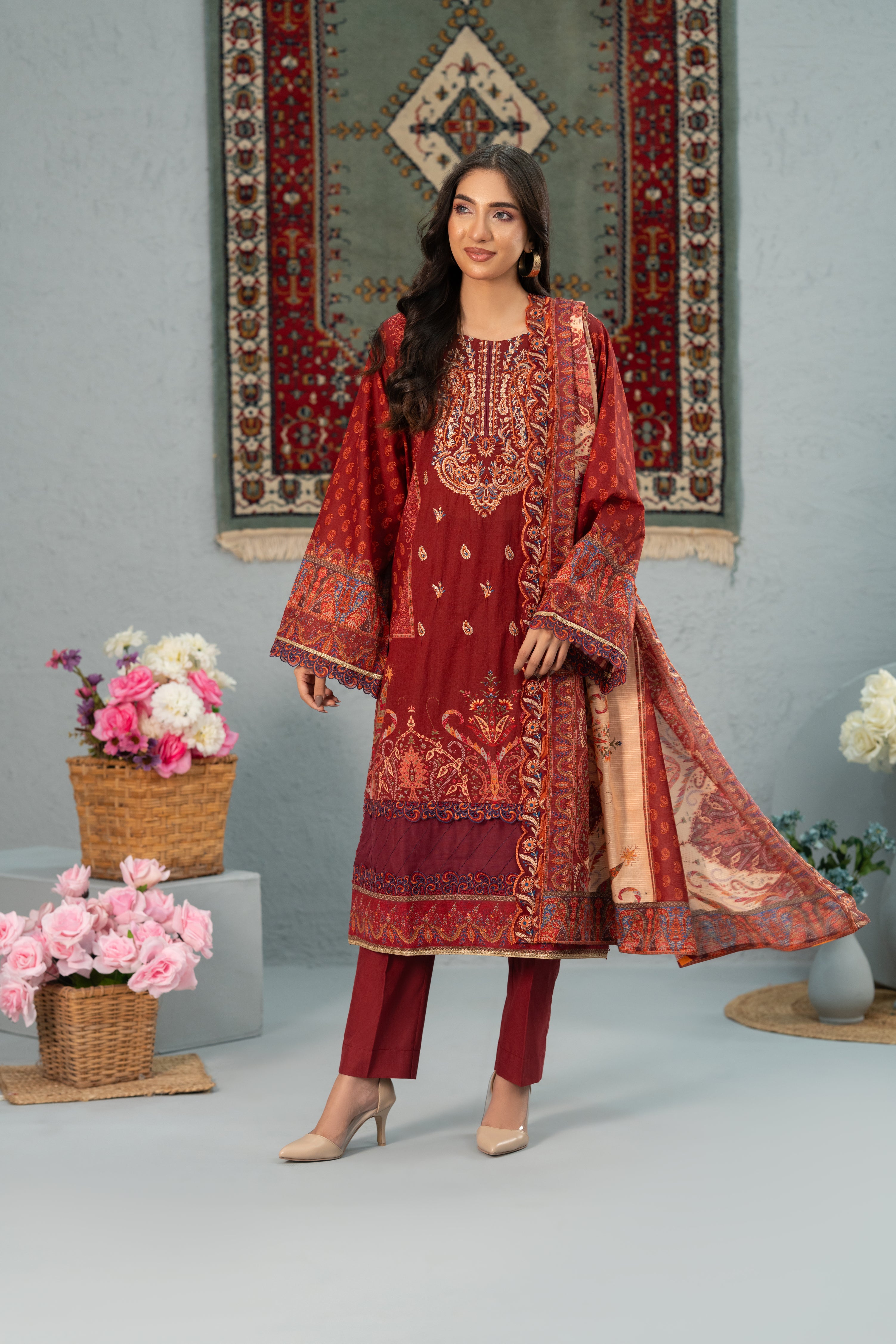 Crimson Bloom Print + Embroidery Unstitched 3-Piece ZZ-DK-26051