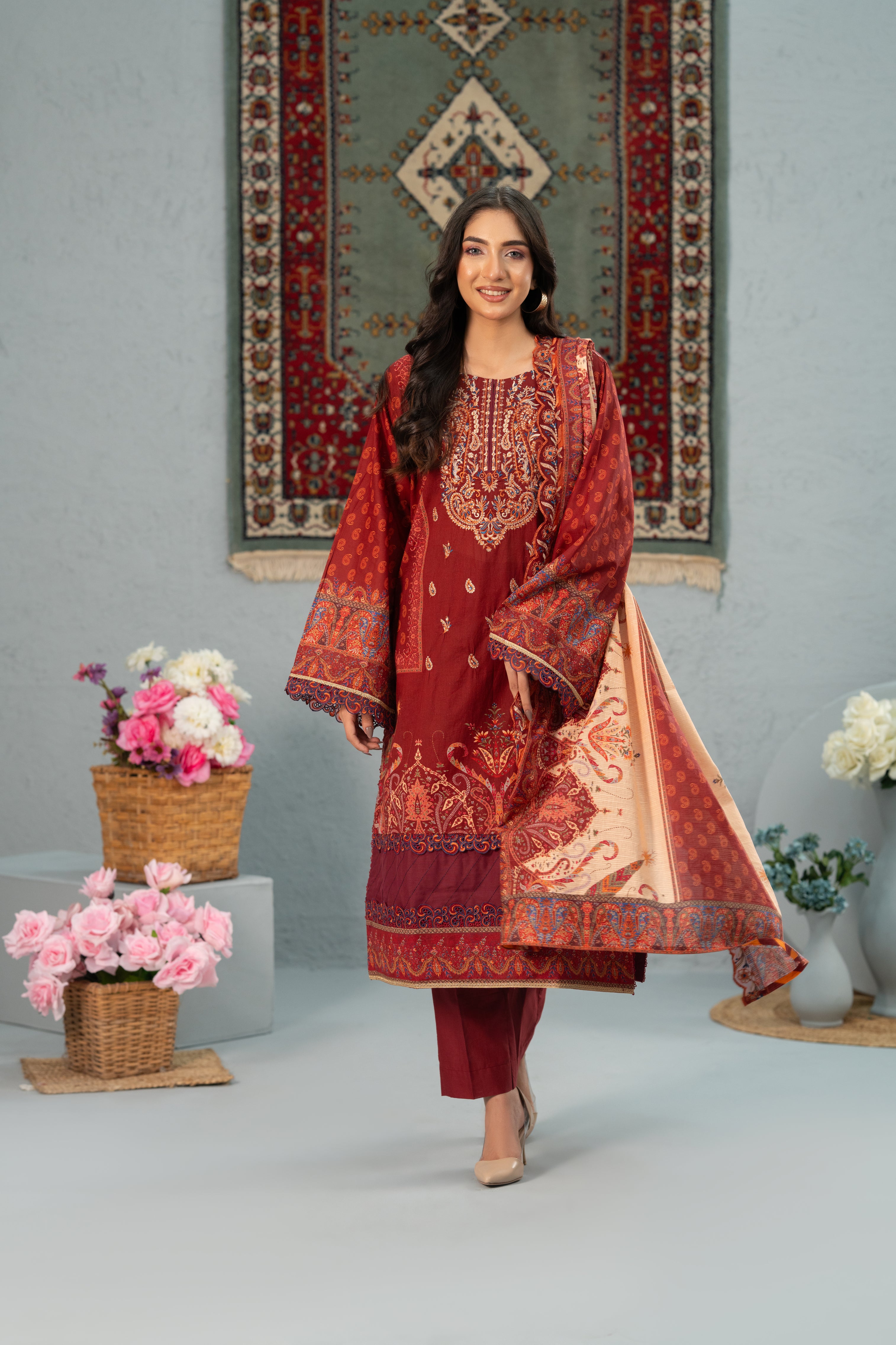 Crimson Bloom Print + Embroidery Unstitched 3-Piece ZZ-DK-26051