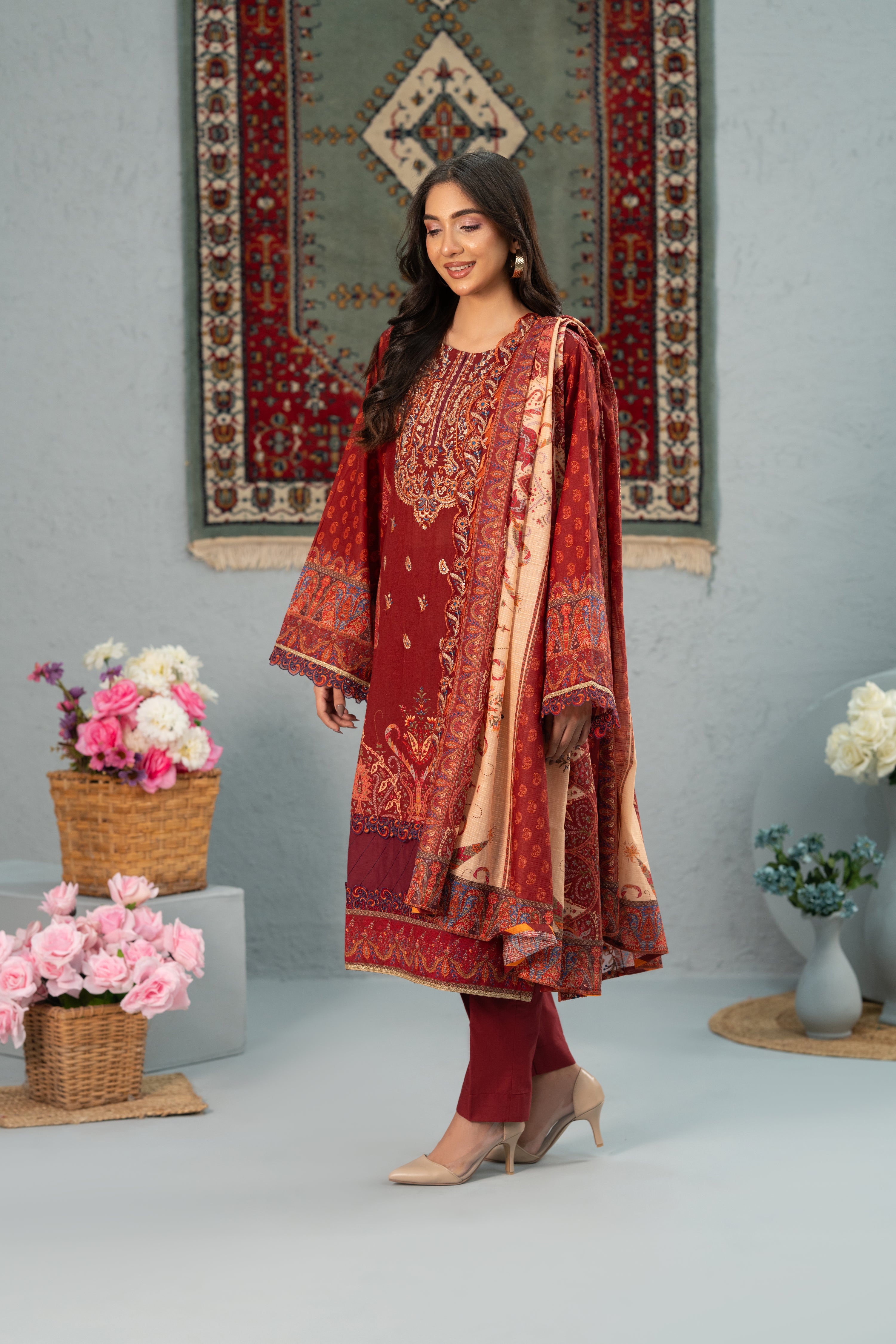 Crimson Bloom Print + Embroidery Unstitched 3-Piece ZZ-DK-26051