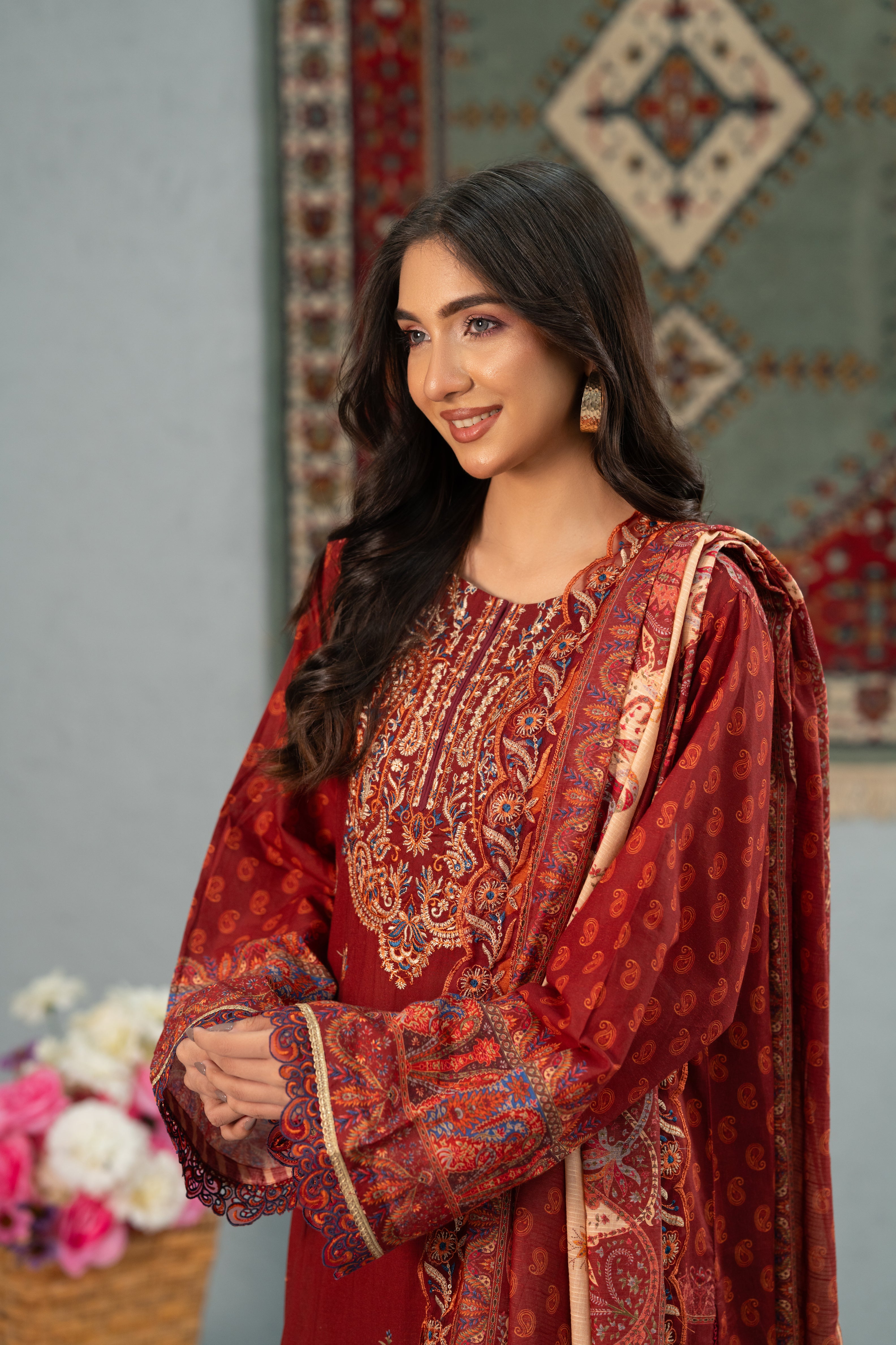 Crimson Bloom Print + Embroidery Unstitched 3-Piece ZZ-DK-26051