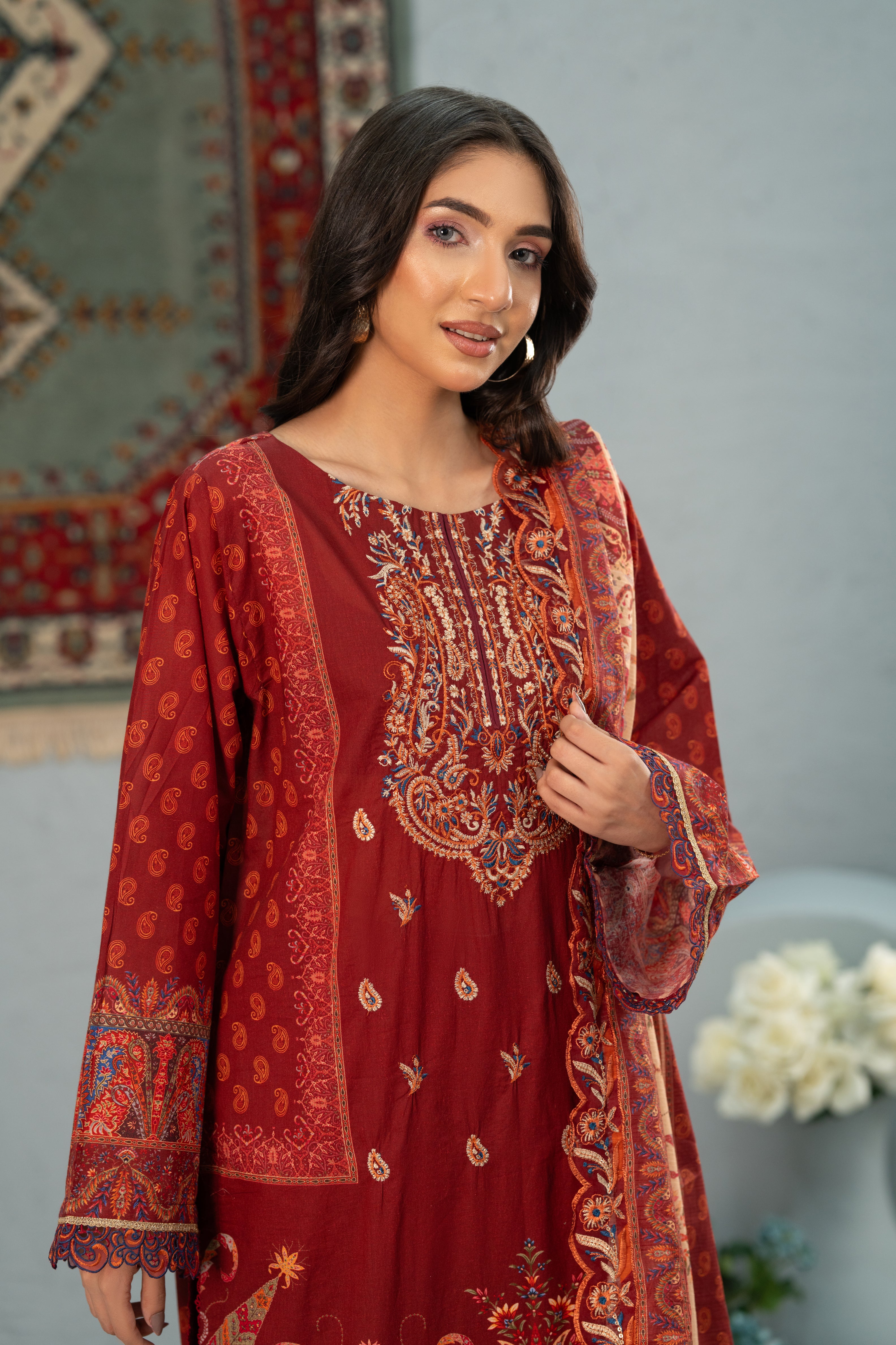 Crimson Bloom Print + Embroidery Unstitched 3-Piece ZZ-DK-26051