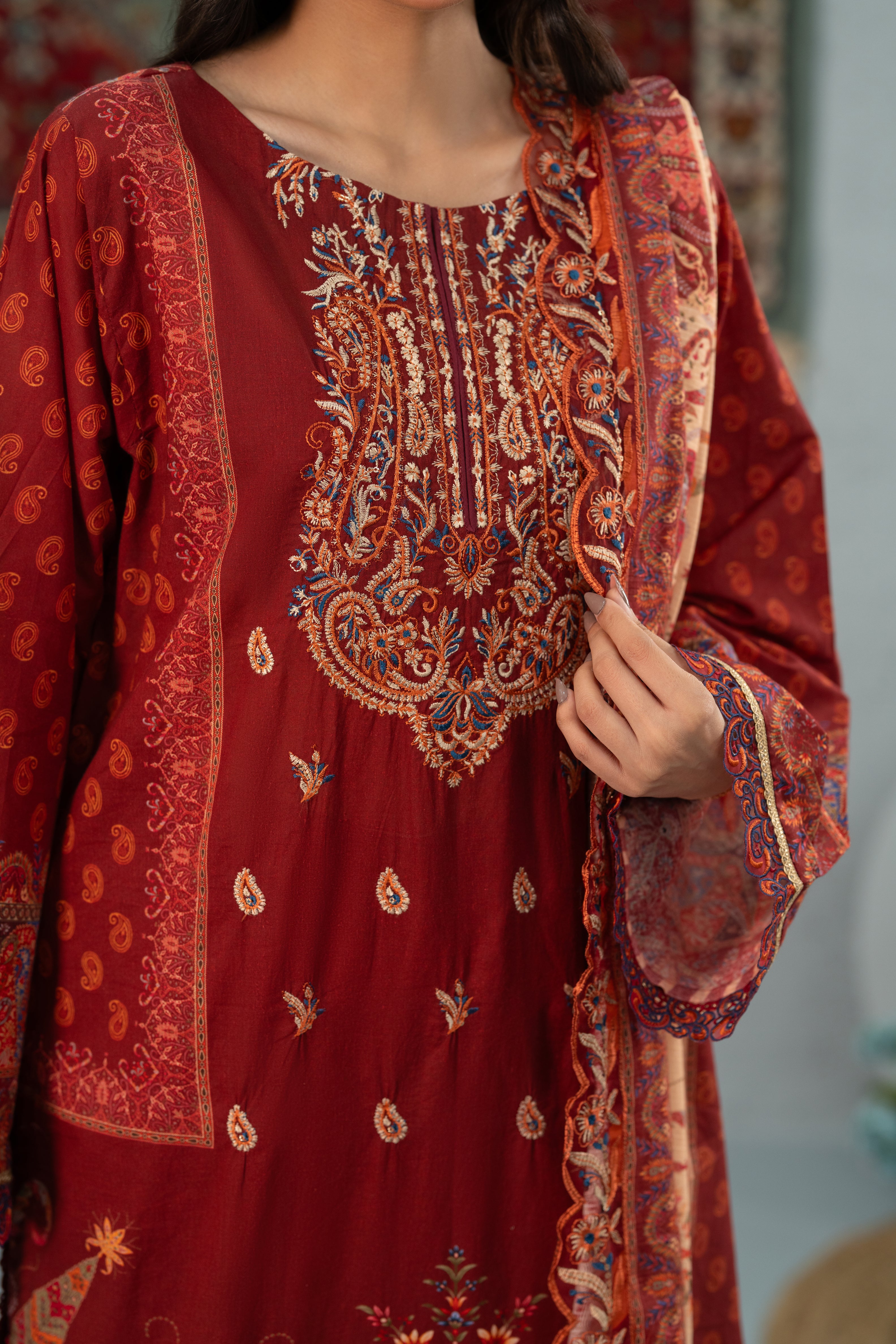 Crimson Bloom Print + Embroidery Unstitched 3-Piece ZZ-DK-26051