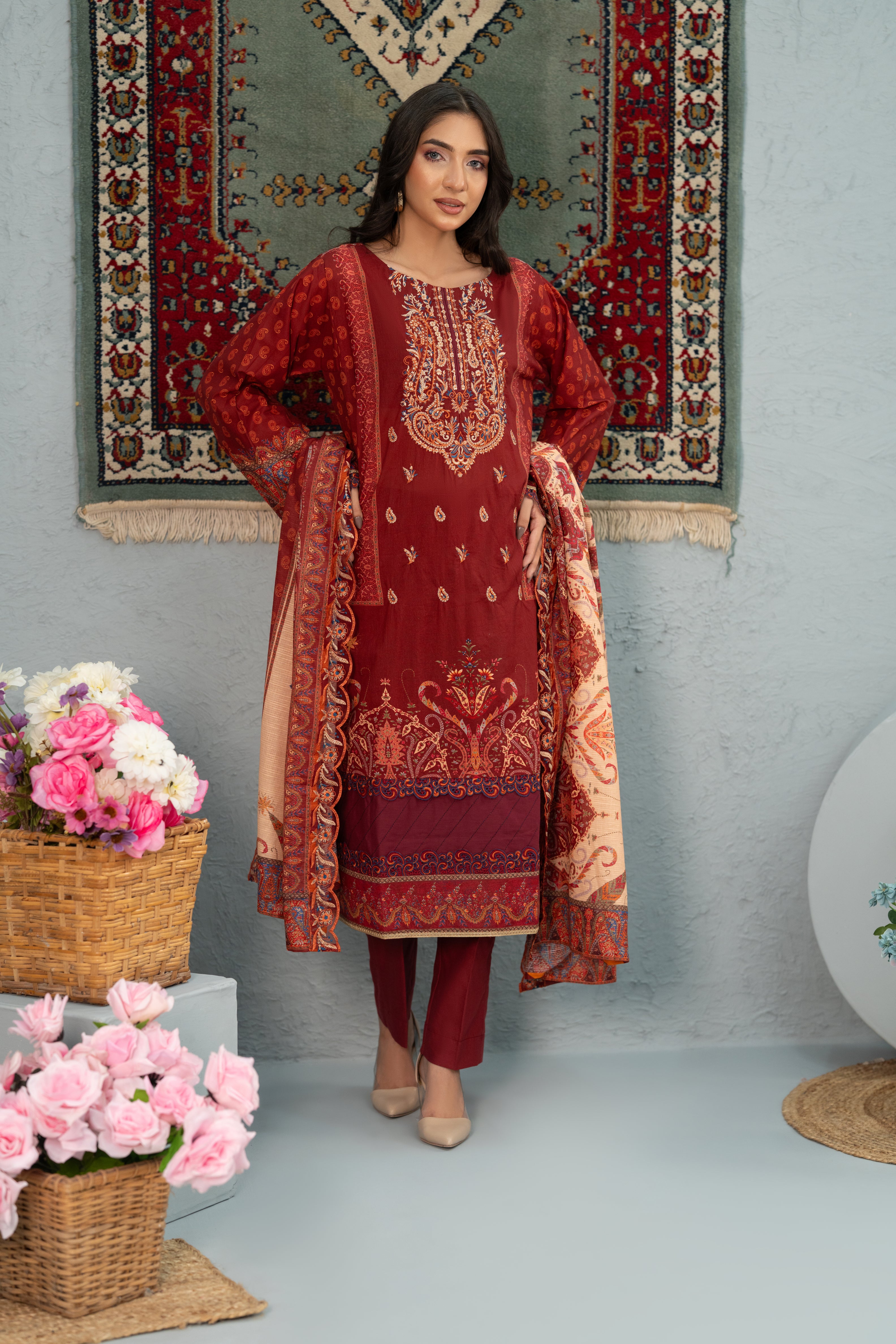 Crimson Bloom Print + Embroidery Unstitched 3-Piece ZZ-DK-26051