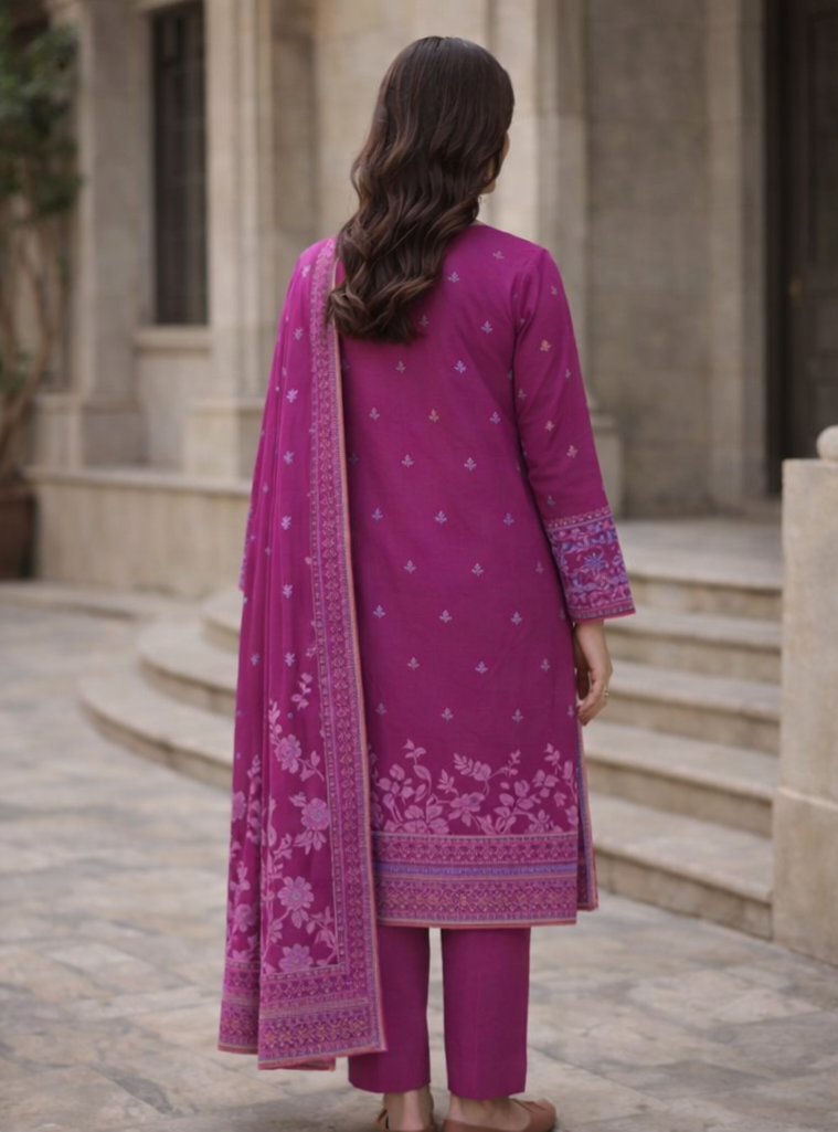 ZZ-JQ-26031 – Deep Berry Plum Jacquard Unstitched 3-Piece