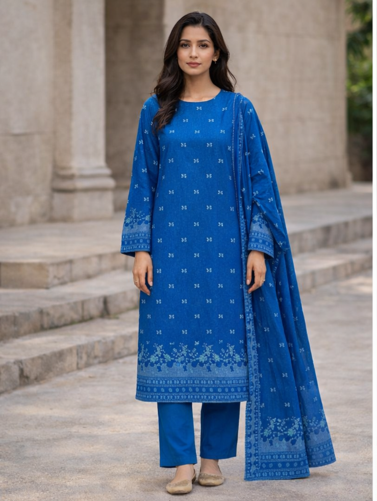 ZZ-JQ-26033 – Teal Blue Jacquard Unstitched 3-Piece